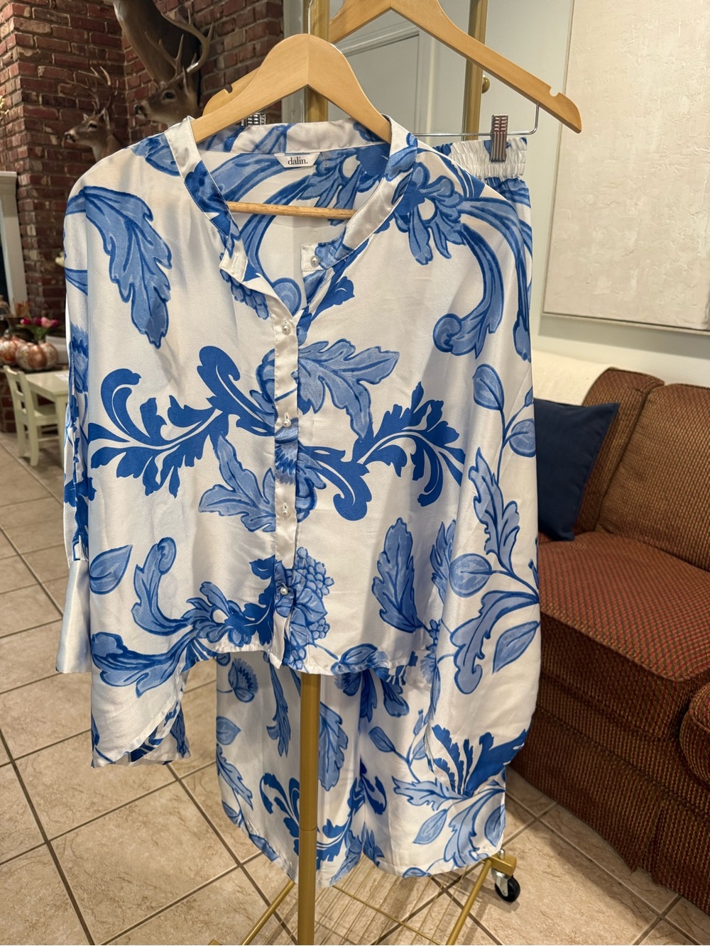 Dalin Blue White Floral Batwing Top Wide Leg Pants Set